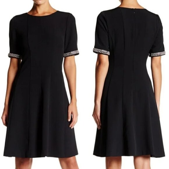 NWT Eliza J Black Fit & Flare Short Sleeve Dress w/ Embellished Sleeves, Size 6 - Picture 1 of 9